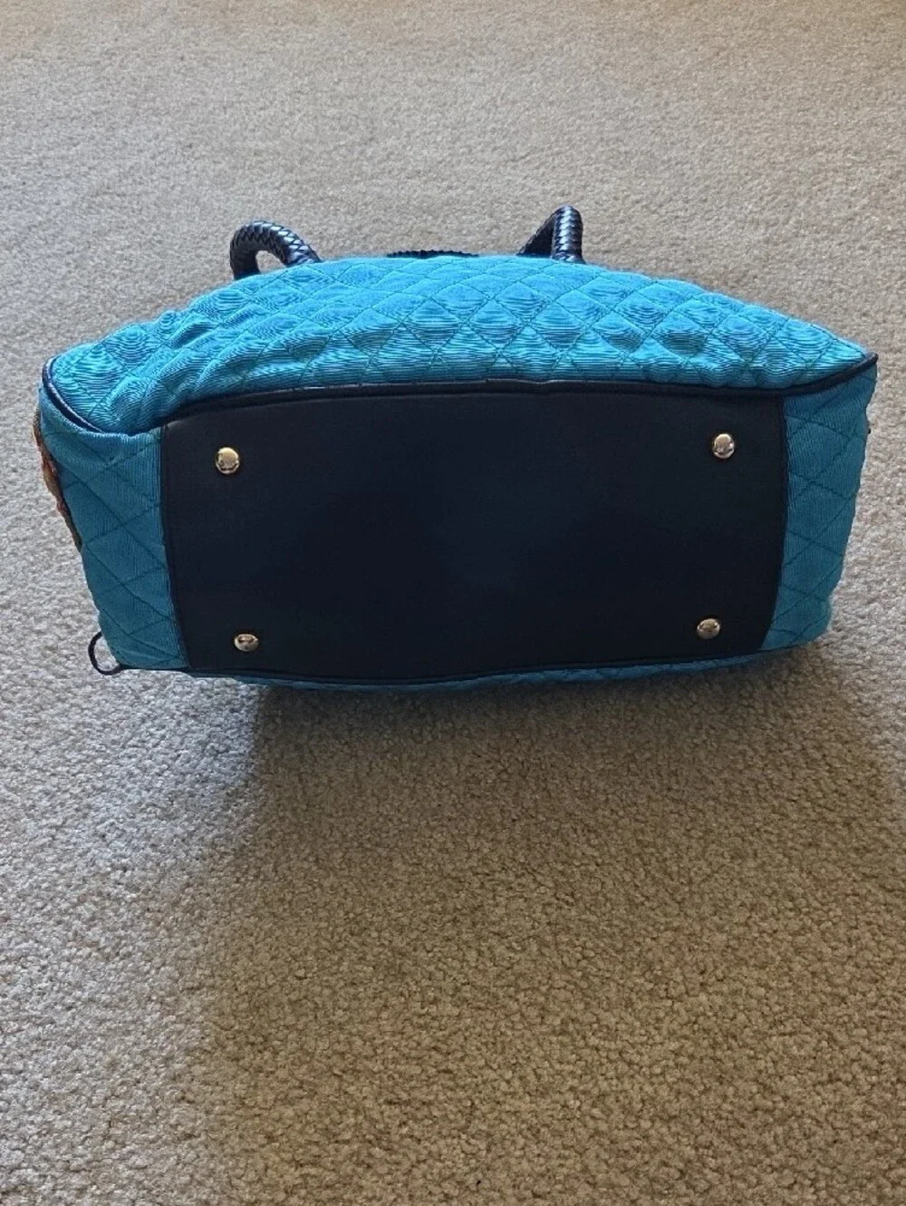 ANGELA FRASCONE Quilted Blue & Green Decorative Satchel Braided Black Handles